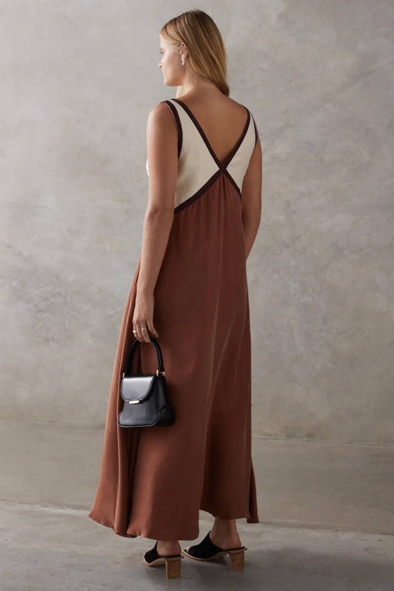 V-neck Sleeveless Color-blocked Maxi Dress