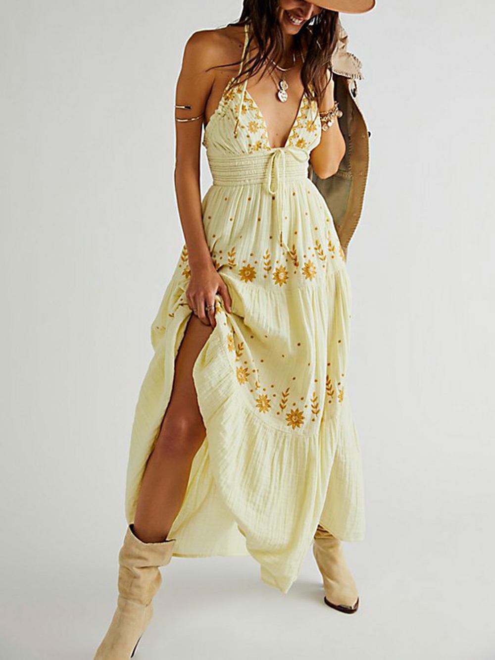 Floral Embroidery Plunging V-Neck Tie Waist Tiered Gauze Maxi Dress