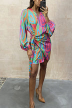 Long Sleeve Tie Waist Printed Wrapped Dress