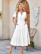 V-neck, Gathered, Puff Sleeve, Full Skirt, Short-sleeved Long Dress