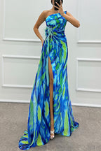 Strapless Rose Detail High Slit Printed Chiffon Maxi Dress