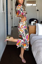 Twist Front Puff Sleeves Cut Out Printed Midi Dress