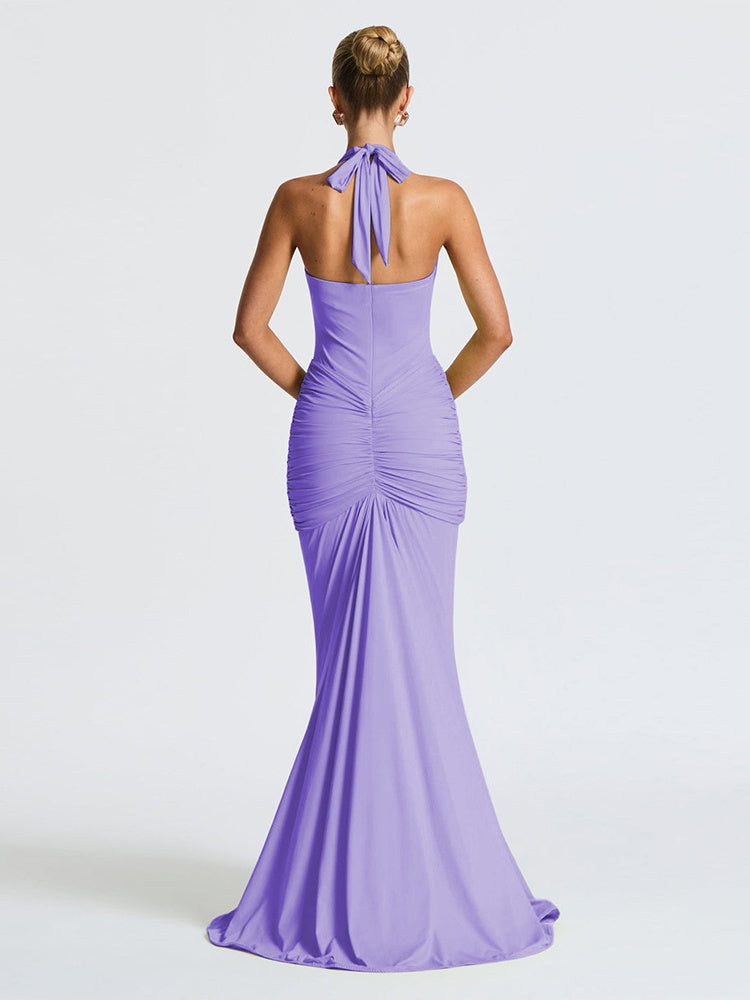 Halter Neck Deep V-neck Fitted Waist Long Dress Sexy Backless Ribbon Fishtail Long Dress
