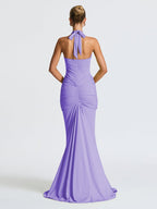 Halter Neck Deep V-neck Fitted Waist Long Dress Sexy Backless Ribbon Fishtail Long Dress