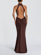 Turtleneck Gathering Hollow Backless Temperament Banquet Maxi Dresses
