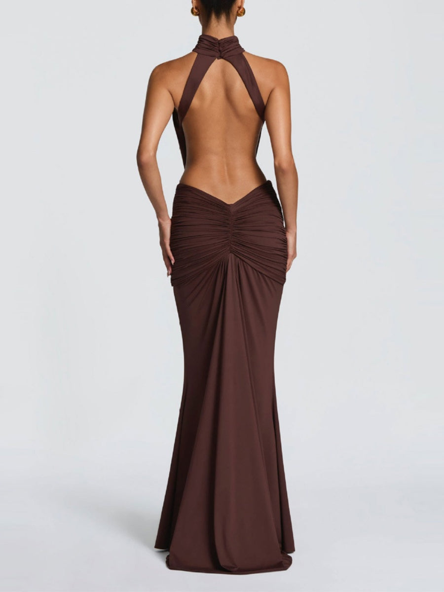 Turtleneck Gathering Hollow Backless Temperament Banquet Maxi Dresses