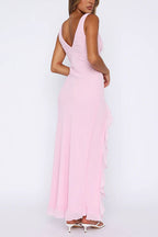 V Neck Sleeveless Ruffle Trim Slit Maxi Dress