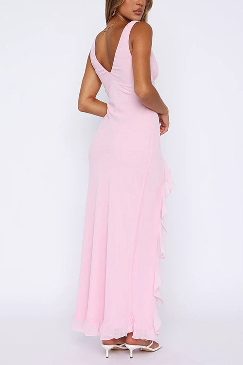 V Neck Sleeveless Ruffle Trim Slit Maxi Dress