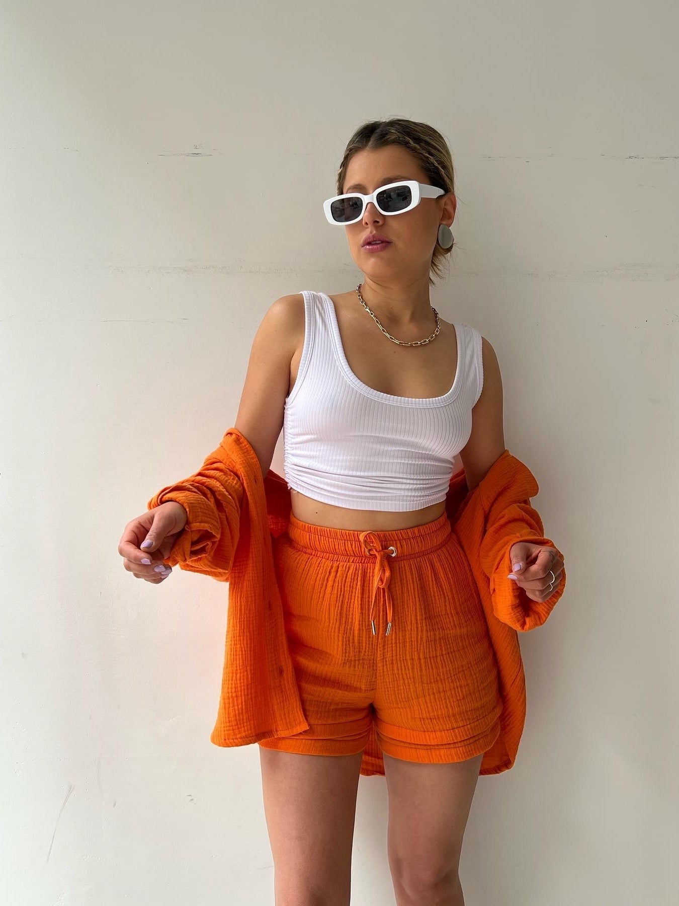 Long-sleeved Shirt And High-waisted Drawstring Shorts Casual Two-piece Set