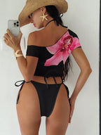 Finalized Floral Print Tie-up Bikini Three-piece Set