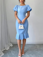 Round Neck Lantern Sleeve Ruffled Fishtail Midi Dress