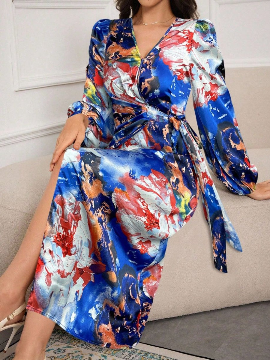 Printed V-neck Cardigan With Belt Midi Dresses