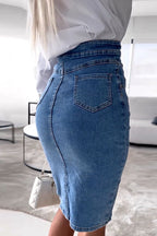 High Waist Slit Front Knee Length Denim Skirt