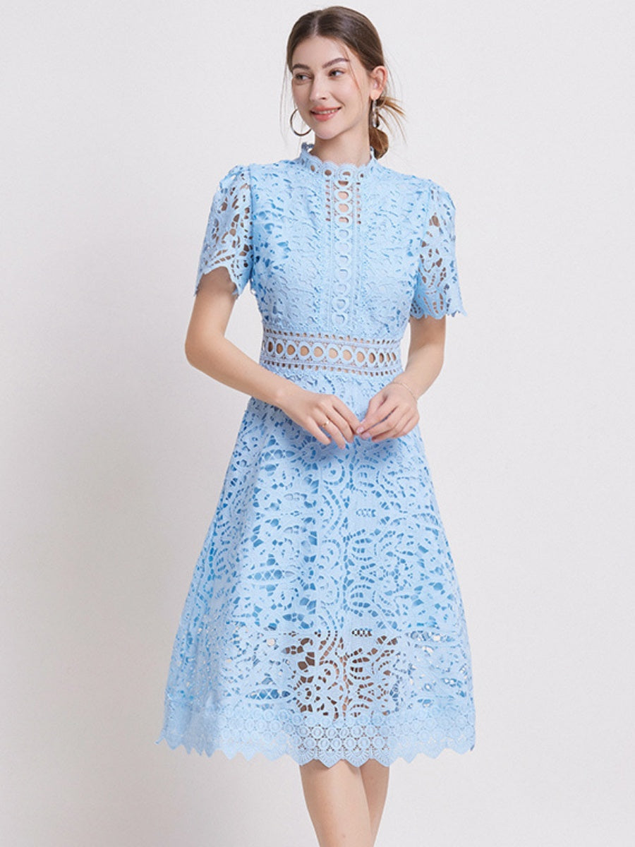 Lace Waist-cinching Hollow-out Midi Dress