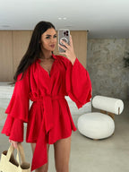 V-neck, Irregular Tie-waist, Long-sleeved, Loose-fitting Short Dress
