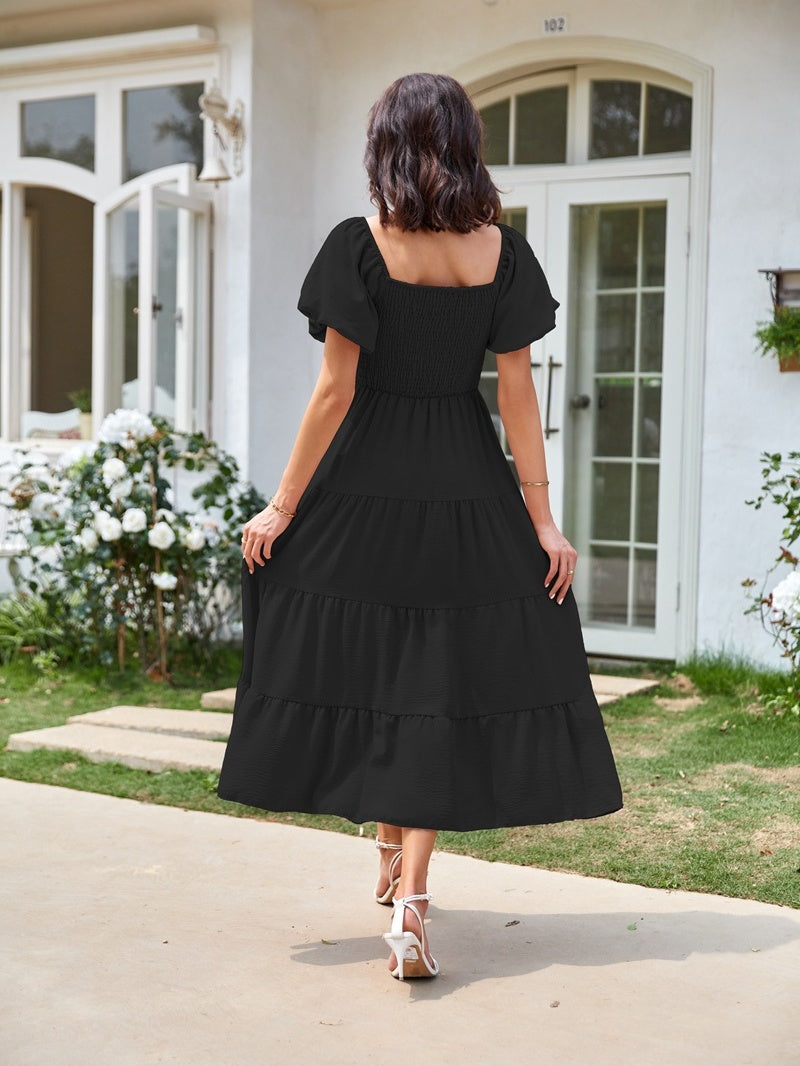 Square Neck, Backless, Puff Sleeve, Pleated Short-sleeved Long Dress