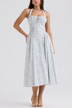 Halter Sleeveless Ruched Waist Floral Print Swing Midi Dress