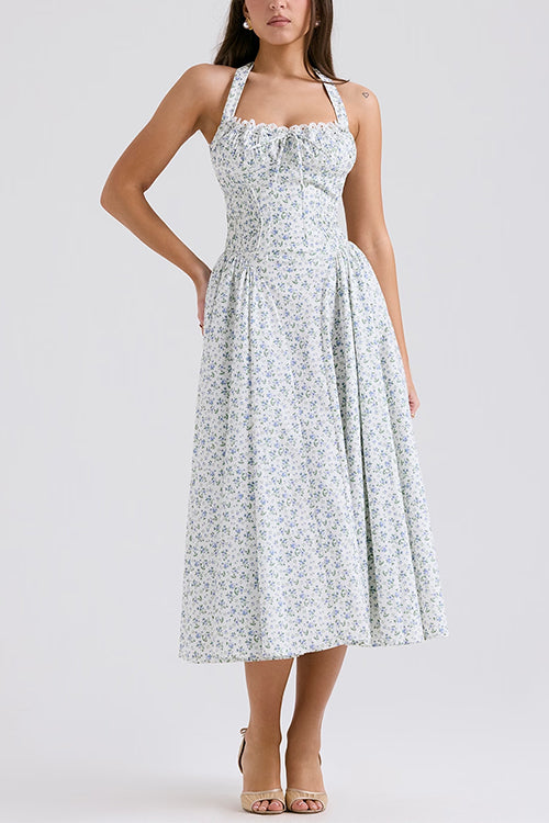 Halter Sleeveless Ruched Waist Floral Print Swing Midi Dress