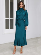 Satin Long Sleeve Zipper Solid Color Maxi Dresses