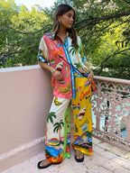 Printed Vacation Long-sleeved Shirt Pants Wide Leg Set 2-piece Sets