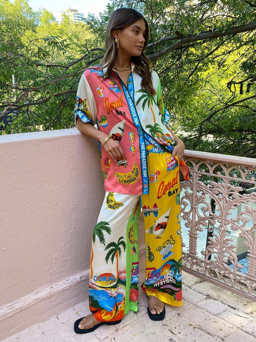 Printed Vacation Long-sleeved Shirt Pants Wide Leg Set 2-piece Sets