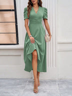 Pleated Waist Short Sleeve Maxi Dresses
