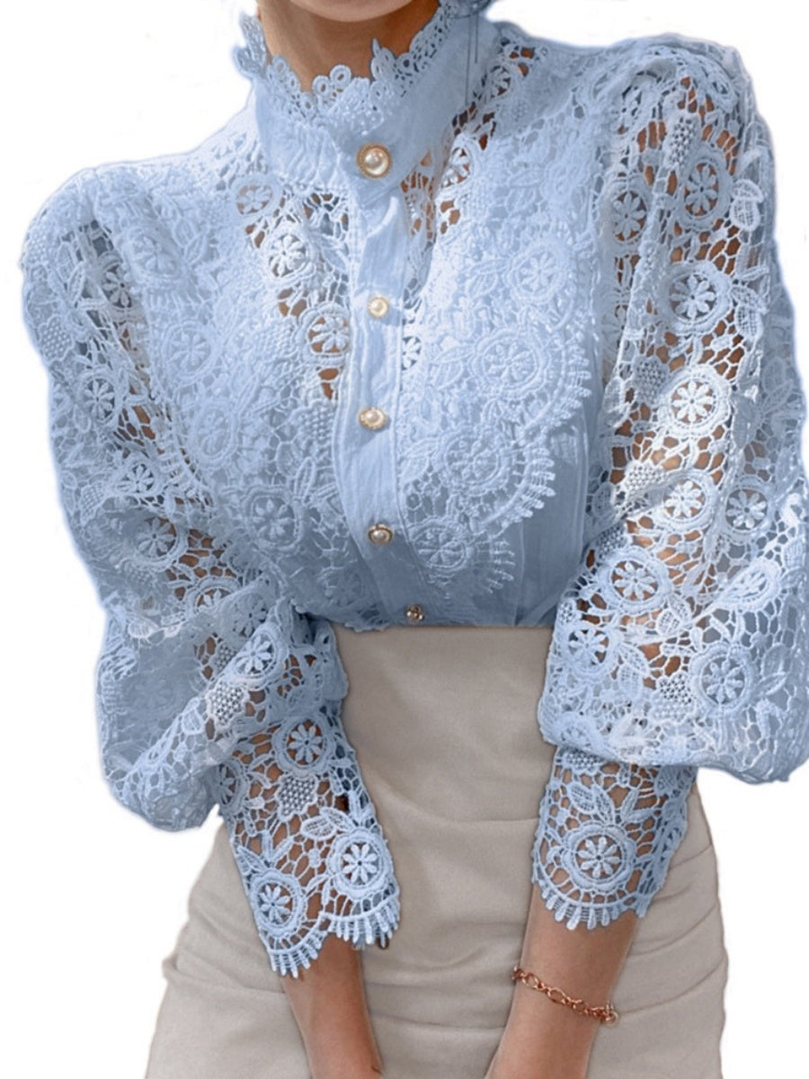 Button-up Lace Openwork Floral Patchwork Shirt