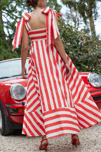 Pocketed Bow Shoulder Striped Swing Maxi Cami Dress