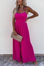 Spaghetti Strap Belted Pleated Wide Leg Jumpsuit