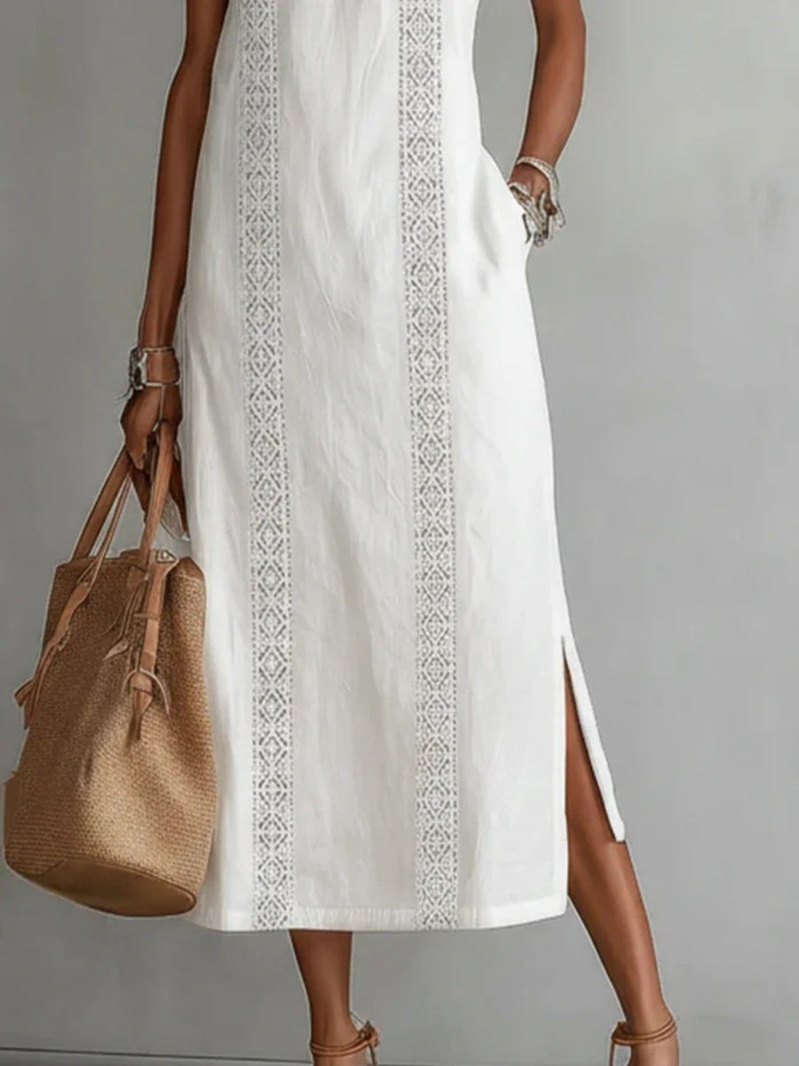 Halter Solid Color Lace Stitching Loose-fit Sundress Maxi Dresses