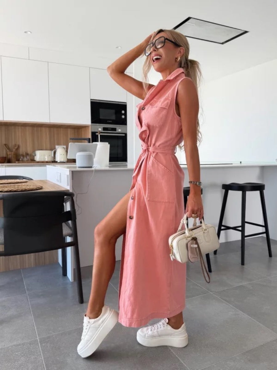 Sleeveless Tie-waist Single-breasted Denim Maxi Dress