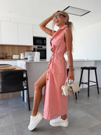 Sleeveless Tie-waist Single-breasted Denim Maxi Dress