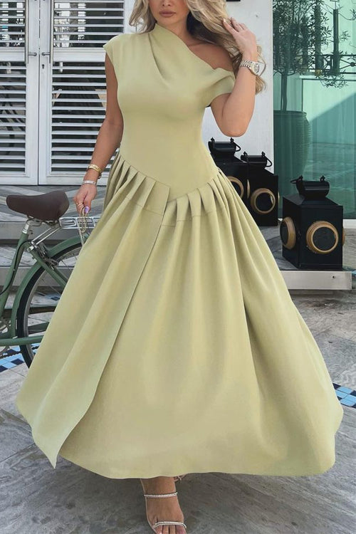 Elegant Asymmetric Shoulder Pleated Swing Maxi Dress