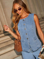 Denim Vest Wide-leg Long Two-piece Set
