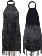 Black Tassel Flash Halter Sleeveless Mini&Short Dresses