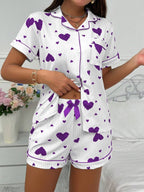 Heart-print Cardigan With Collar And Button-down Short Sleeves And Shorts, Two-piece Loungewear Set