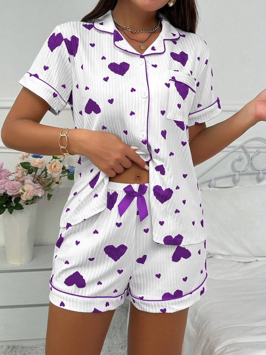 Heart-print Cardigan With Collar And Button-down Short Sleeves And Shorts, Two-piece Loungewear Set