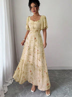 Floral Lotus Leaf Sleeves Sweetheart Collar Vacation And Leisure Maxi Dresses