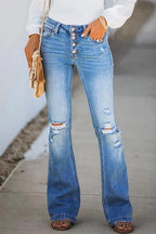 Flare Bottoms Ripped Buttons Jeans