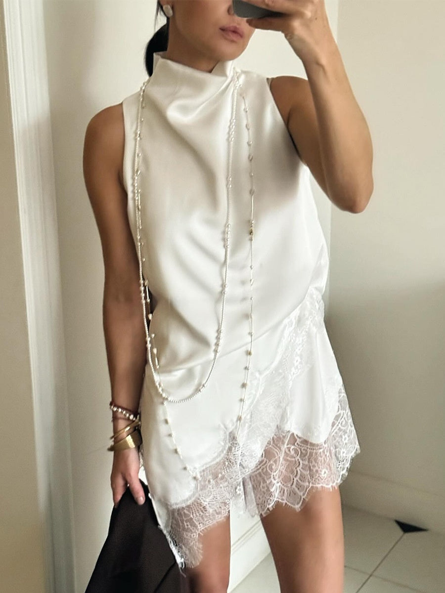 Irregular Satin Sleeveless Lace Splicing Jacket Mini&Short Dresses