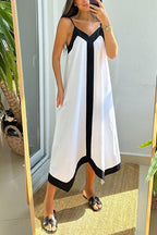 V Neck Color Block Midi Cami Vacation Dress