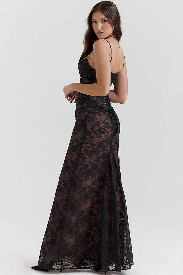 Square Neck Floral Lace Horizontal Ruching Long Sleeve Maxi Gown