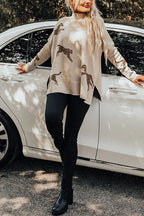 High Neck Side Slit Cheetah Pattern Sweater
