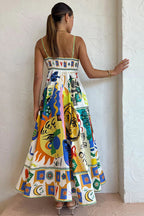 Spaghetti Strap Square Neck Illustrative Print Empire Waist Midi Dress