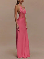 Deep V-neck Silk Satin Maxi Dress With Halter Neck And Cinched Waist