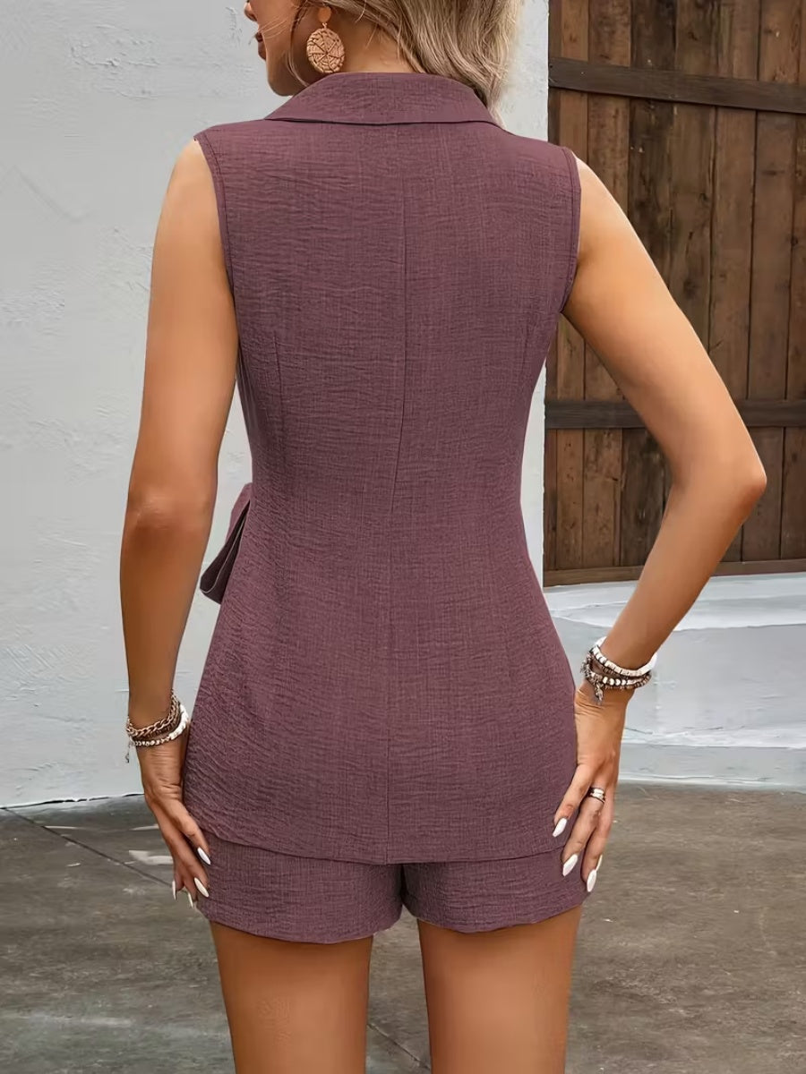 Lapel Vests Shorts Distressed Commuting Set 2-piece Sets