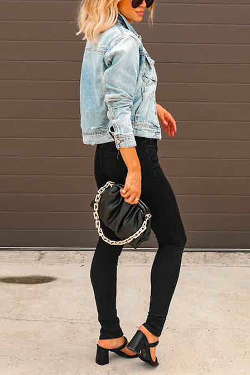 Distressed Button Up Ripped Short Denim Jacket