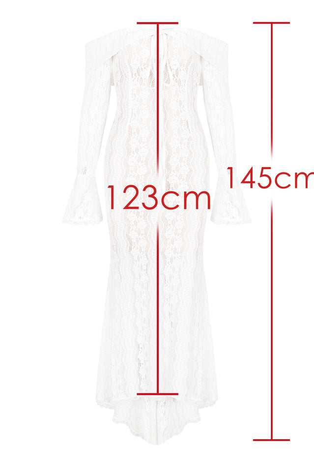 Off Shoulder Lace-Up Front Floral Lace Bell Sleeve Mermaid Maxi Dress