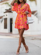 Loose-fit Batwing Sleeves Printed Commuting Mini&Short Dresses