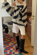 Lantern Sleeves Button Down Color Block Stripes Sweater with Scarf